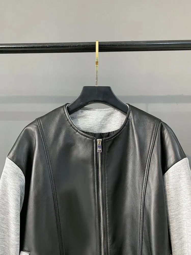 Casual Women Zipper Genuine Leather Patchwork Cloth Short Jackets Sheepskin O Neck Sheepskin Fashion Lady Loose Outerwear Coat