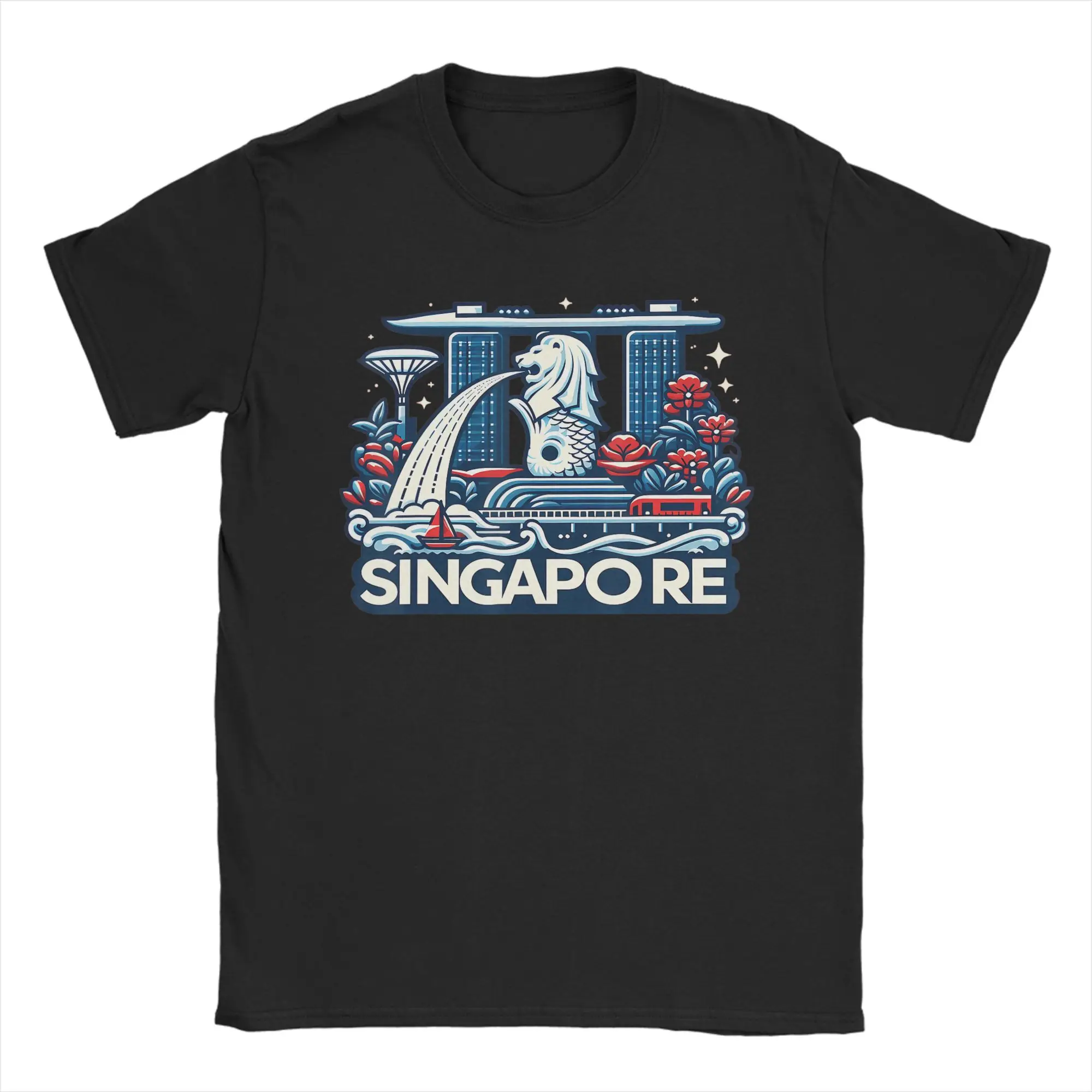 Singapore Marina Bay Sands Gardens by the Bay Merlion Statue T Shirts Men's  Pure Cotton Funny T-Shirts O Neck  Tee Shirt Gift