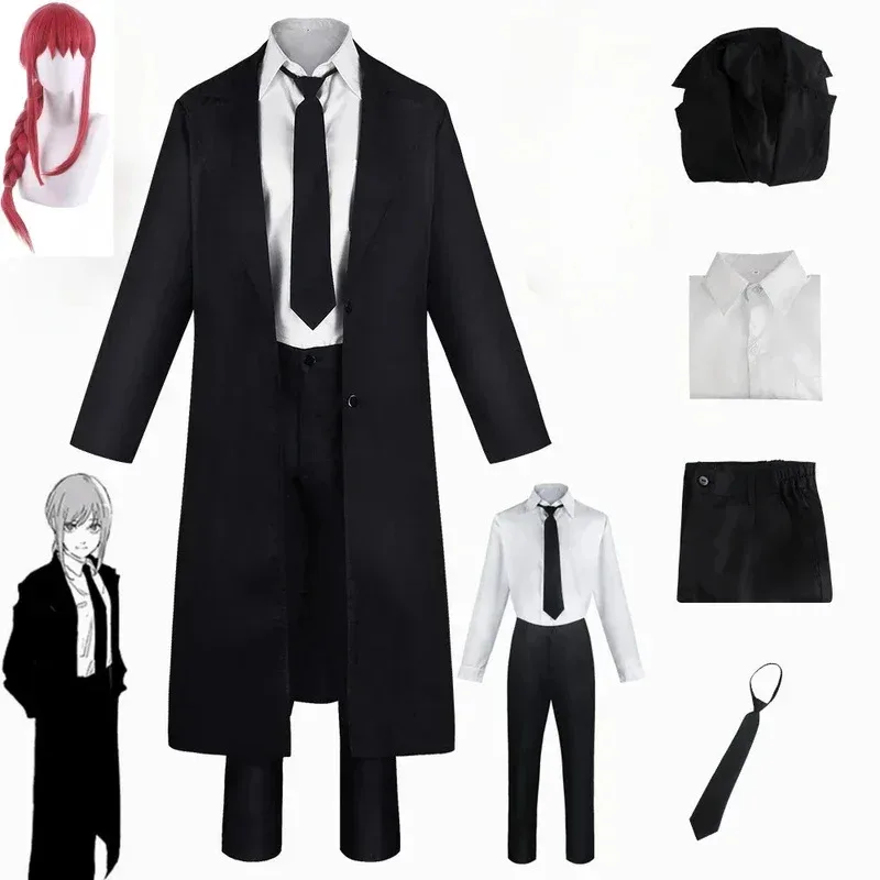 Disfraz de motosierra de Anime para hombre, gabardina negra, camisa, corbata, pantalones, peluca Makila, trenza larga roja clara, traje para hombre y mujer Unifo NM33
