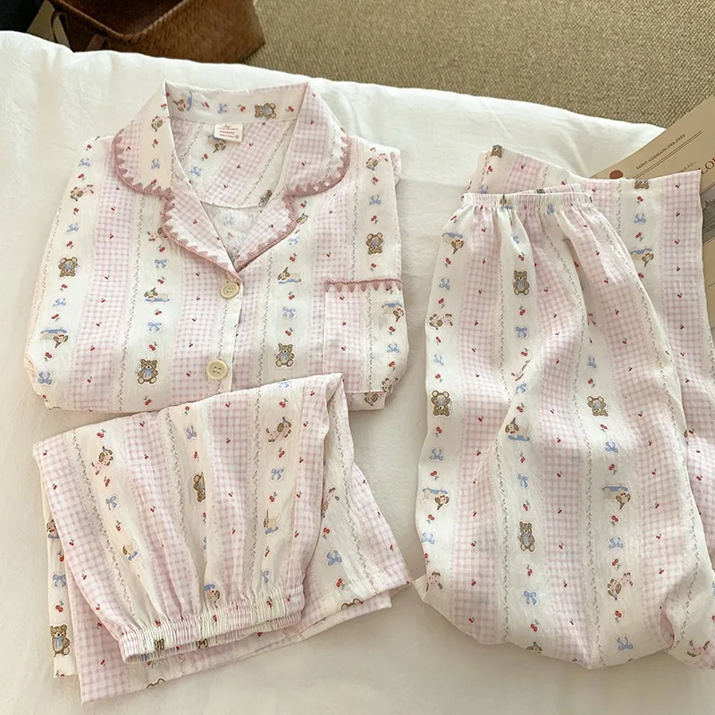 High Quality Cartoon Bear Checkered Print Women's Pajamas Cute Casual Sweet Sleepwear Homewear Short Sleeve 3 Piece Pajamas Set