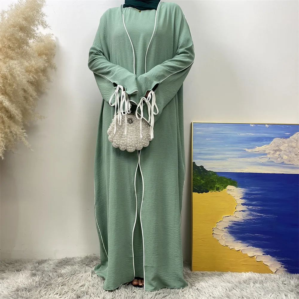 Muslim Set for Women Ramadan Arabic Muslim Modest Dress Bow Kimono Cardigan Dubai Hijab Abaya Islamic Party Outfits Turkey Robe