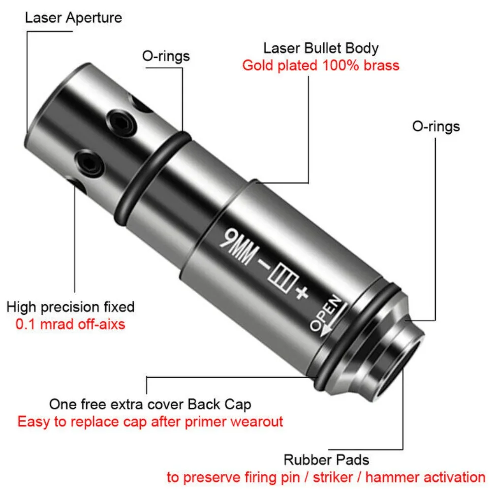 Tactical 9mm/223Rem/.38SPL Red Laser Bore Sight Cartridge Dry Fire Shooting Training Brass Boresight