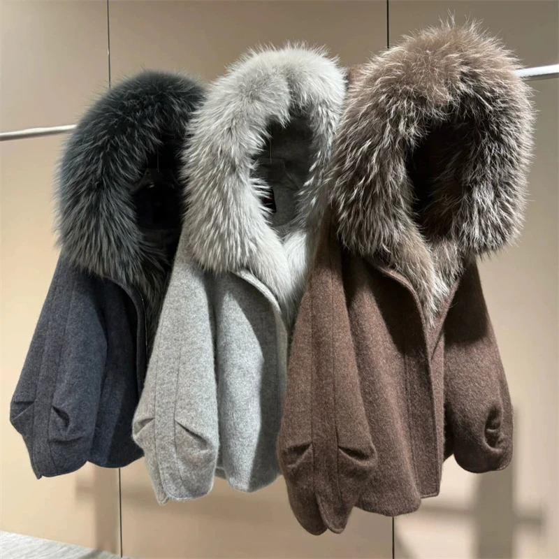 Women Winter Down Jacket Luxury Fur Collar Goose Down Coat Short Loose Fit Puffer Jacket Wool Blend Thick Warm Quilted Outerwear