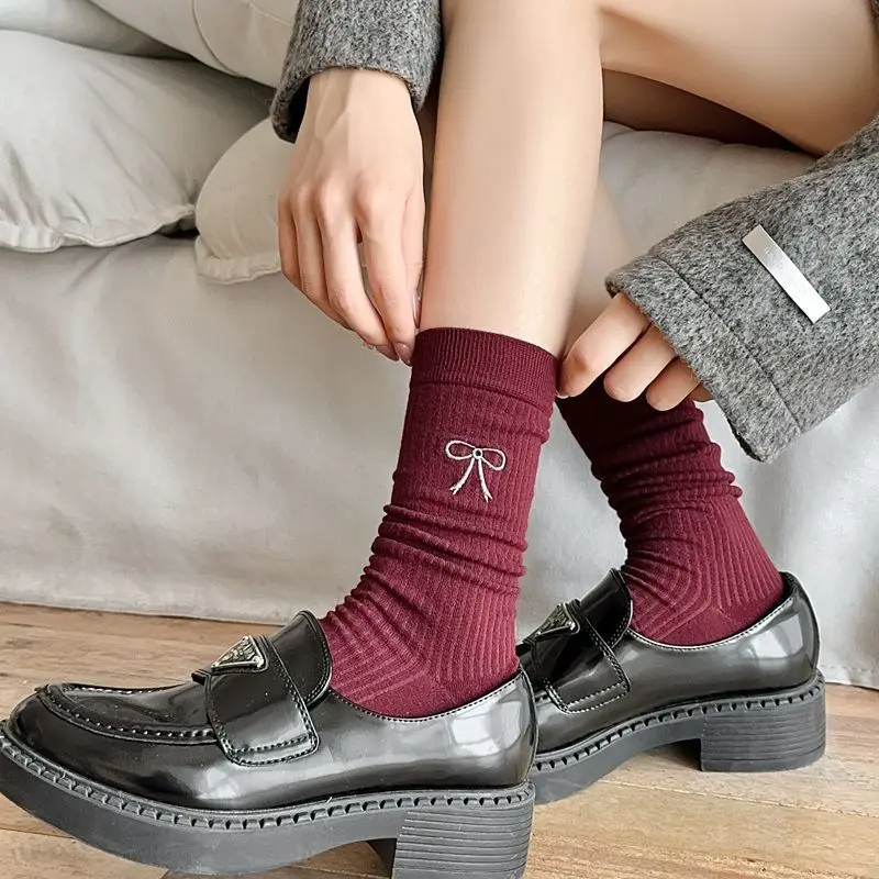 Female Mid Length Socks Ankela Red Love Butterfly Knot Stacking Temperament Grey Female Socks Spring and Autumn