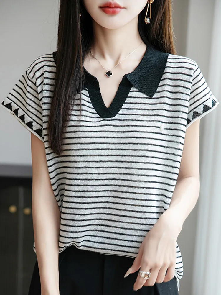 Retro Striped  Neck Short Sleeve T-Shirt Women Summer Thin High-End Feeling Color Block Knitted Top Bamboo Fiber V-neck T...