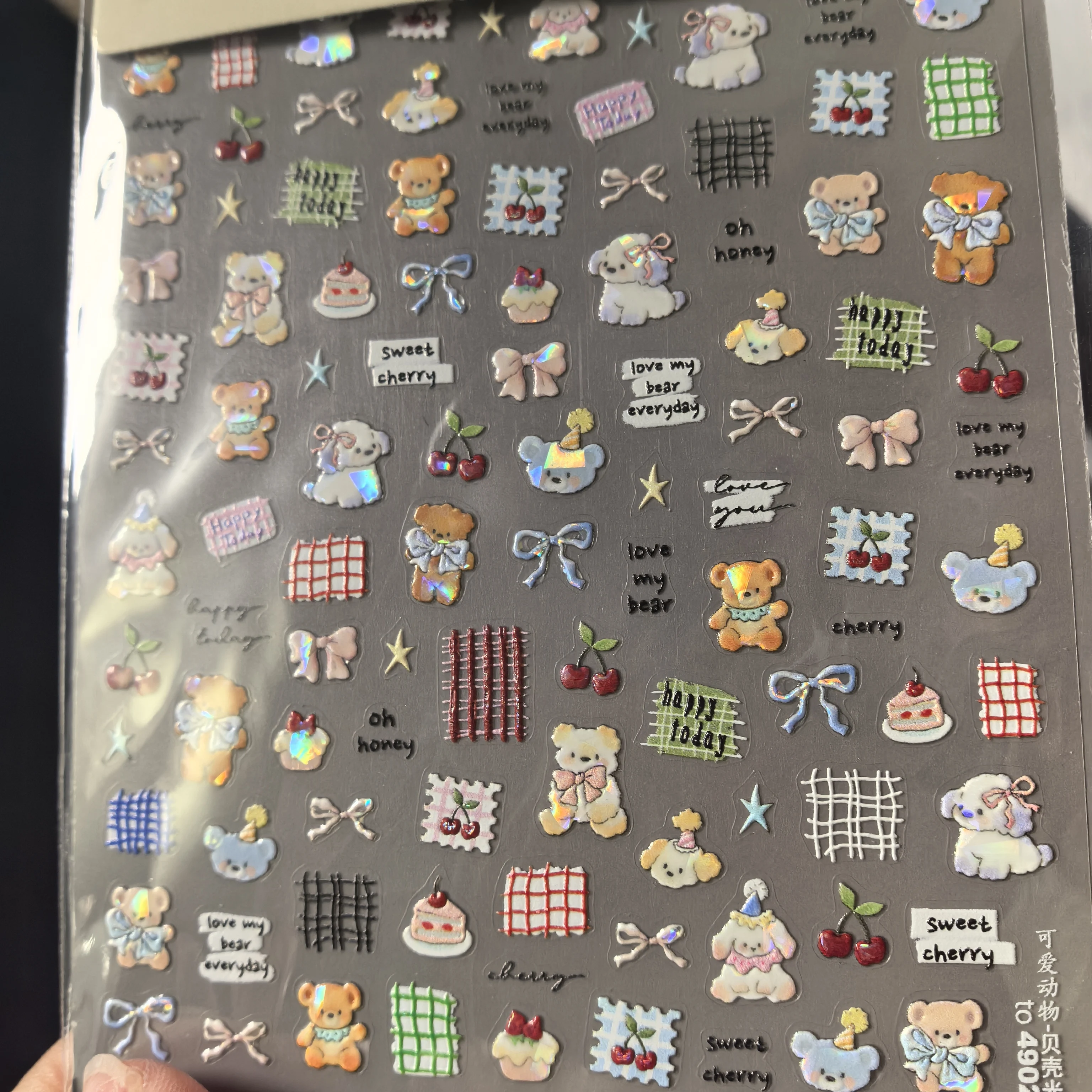 5D Reliëf Kleine Beren Puppy Nail Stickers Kawaii Netto Raster Strik Stickers Zelfklevende Manicure Decals Y2K Decors Levert