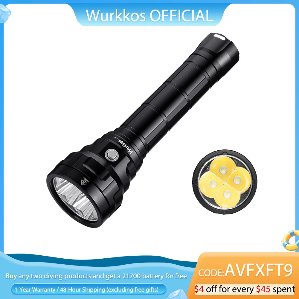 Wurkkos DL40 Diving Flashlight 5000 Lumens Ultra-Bright Equipped with 4 LEDS 90 CRI 26650 Battery IPX-8 Waterproof Rating