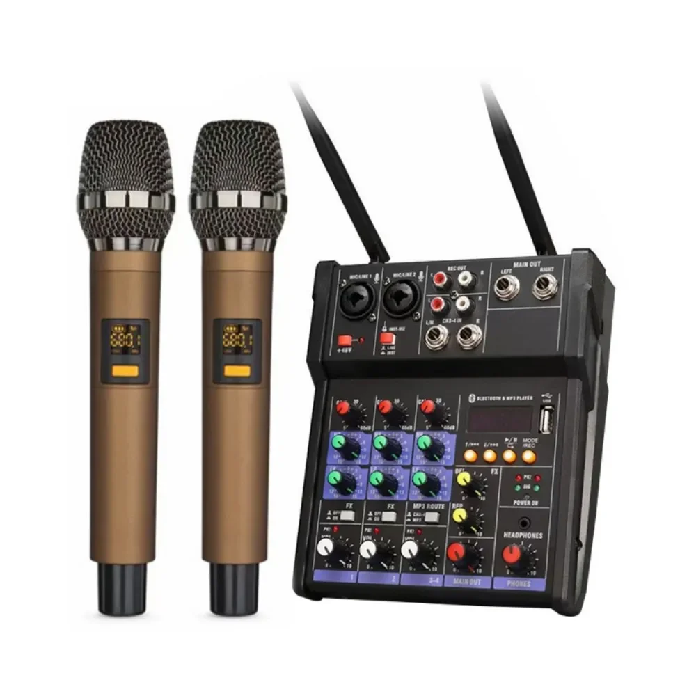 

4 Channel USB Audio Mixer with Wireless Microphone Studio Sound Mixers with Bluetooth DJ Console Mixing for Karaoke