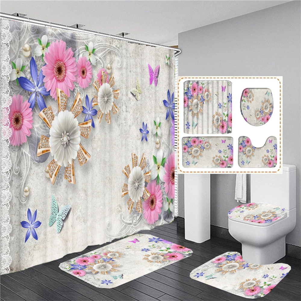 

Pink Flower Print Shower Curtain European Style Polyester Waterproof Bathroom Curtain Home Decoration Non-Slip Rugs Bath Mat Set