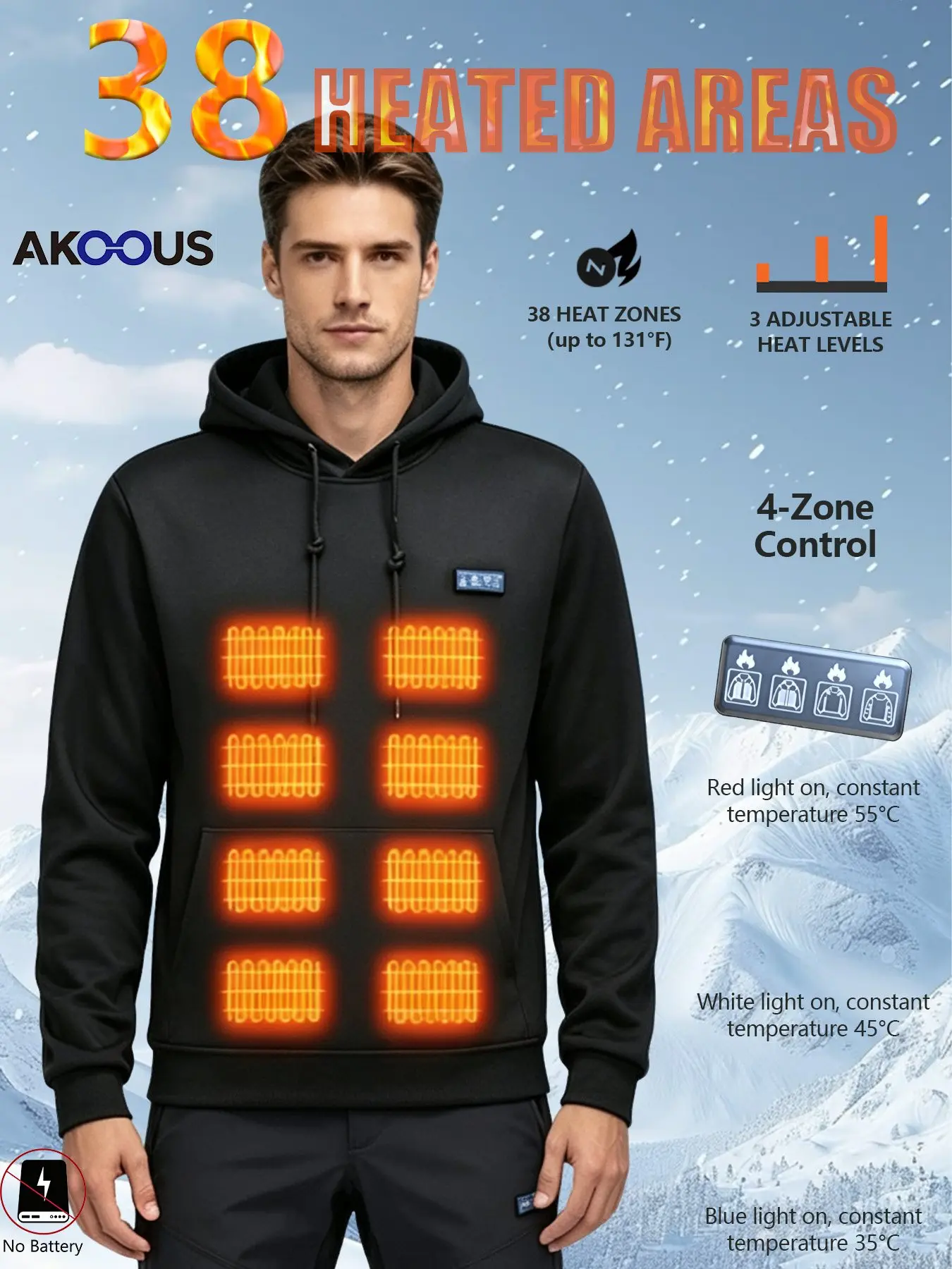 Men Women Heated Hoodie 38 Heating Zones Electric Warm Hooded Sweatshirt 3 Heat Levels Thermal Hoodie for Outdoor Camping