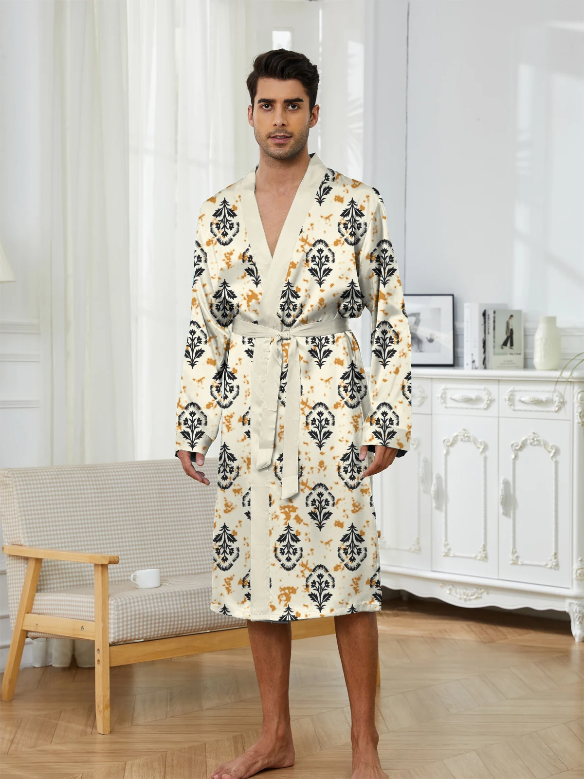 Men's fun long robe with trendy digital printing Sleepwear, comfortable and casual bathrobe for spring and autumn, quick drying.