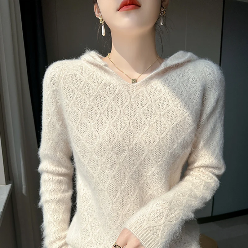 Women's pullover autumn/winter new 100% cashmere sweater casual thickened knitted clothing loose Blouse hooded collar hollow Top