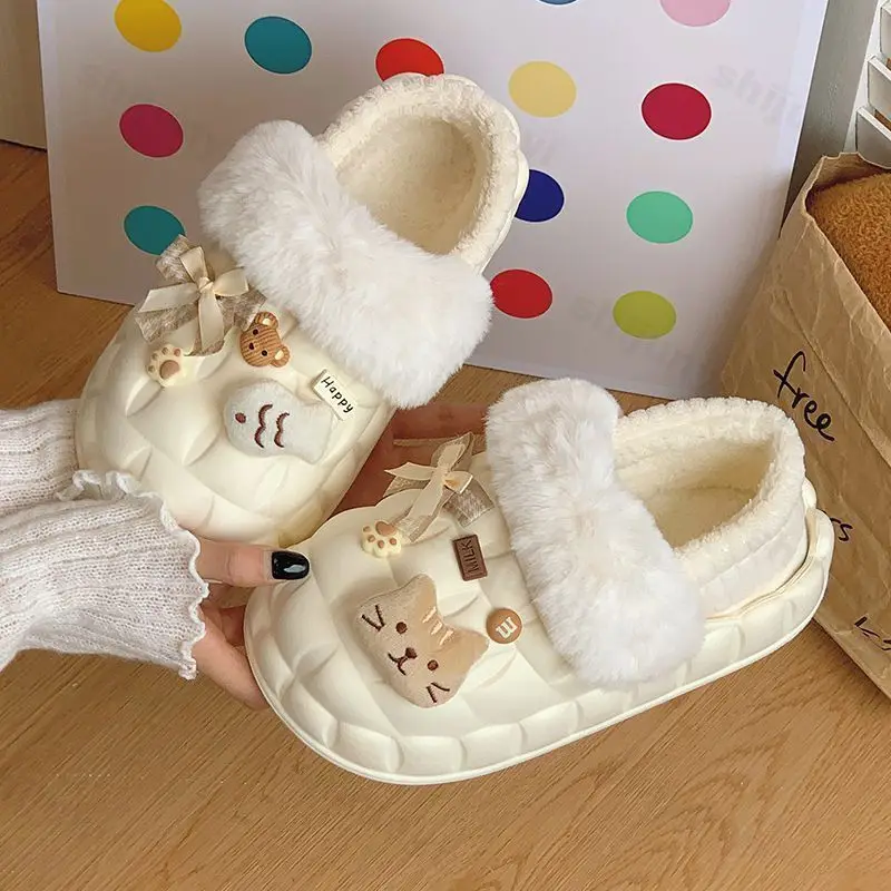 2025 Winter Slippers for Women Cartoon Cat Outdoor Waterproof House Shoes Ladies Plush Casual Shoes Indoor Fluffy Cotton Shoes