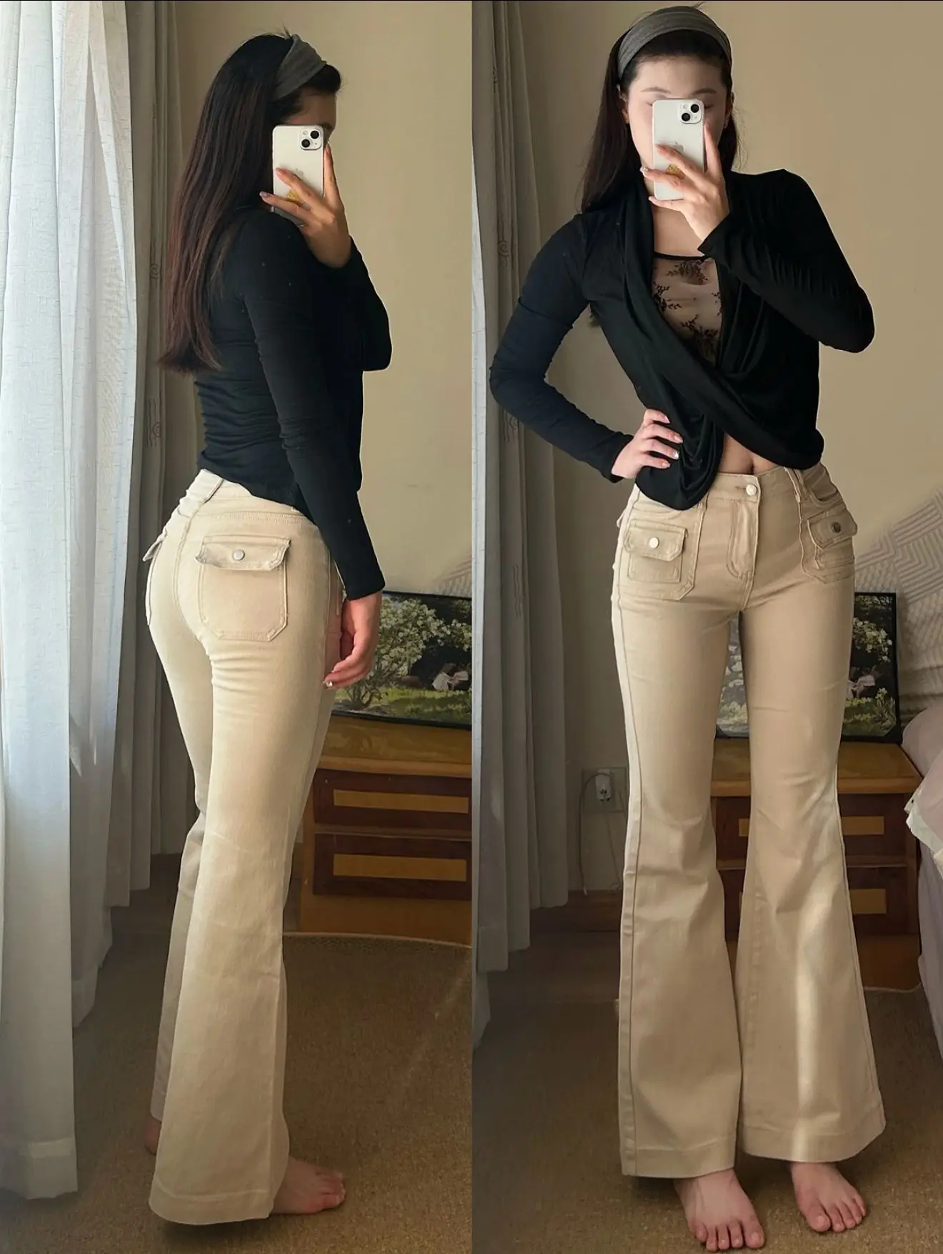 

Khaki Color Flip Cover ket Design Slim Fit Jeans Women's High Waist Cotton Stretch Denim Bootcut Long Trousers Autumn Wear