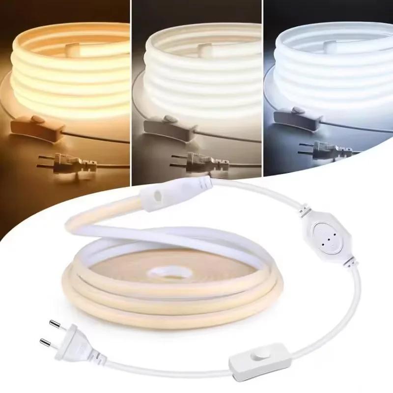 110V 220V Cob LED Strip Light Super Bright Waterproof with EU US Power Supply Switch 288 LEDS/m Warm/Neutral/White Outdoor Decor