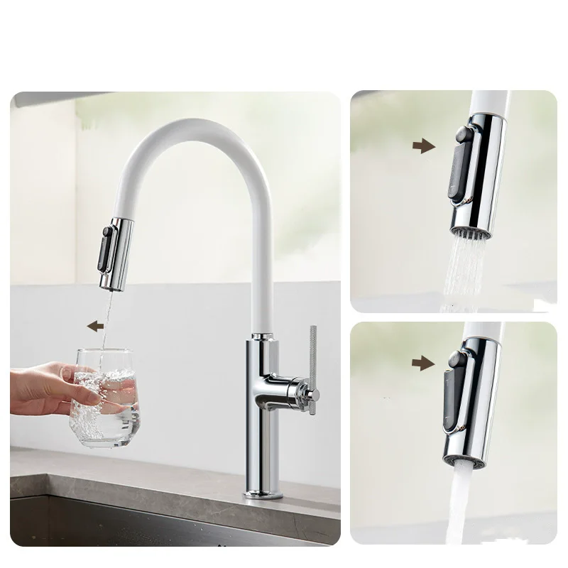 

3ways Kitchen Faucet Chrome White Brass Pull Out Hot and Cold Rotation Kitchen Sink Mixer Lead Free Sink Mixer