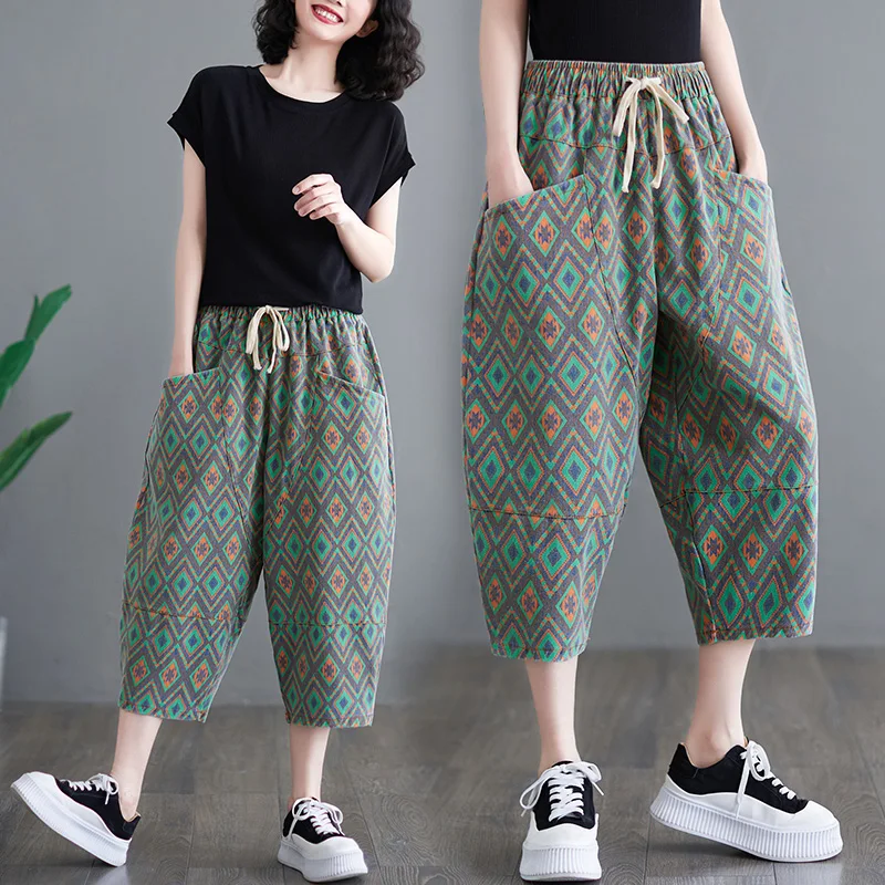 

Новые летние свободные широкие джинсы-харланы с принтом и поясом, с низкой талией, укороченные (7/8), для полных женщин, повседневные брюки