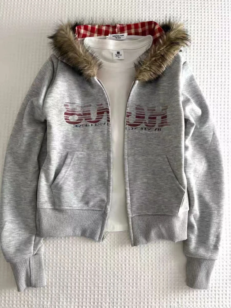 

Эстетическое осеннее пальто на молнии с капюшоном, женское винтажное уличное свободное пальто с серым меховым воротником, верхняя одежда Хепберн, шикарные наряды с длинными рукавами