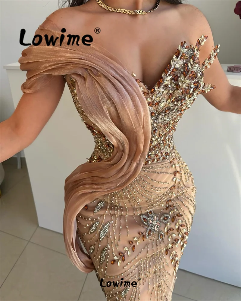 Lowime 2024 Champagne Aso Ebi Crystals Mermaid Prom Dress Long Arabic Evening Second Reception Engagement Gowns Wedding Dresses