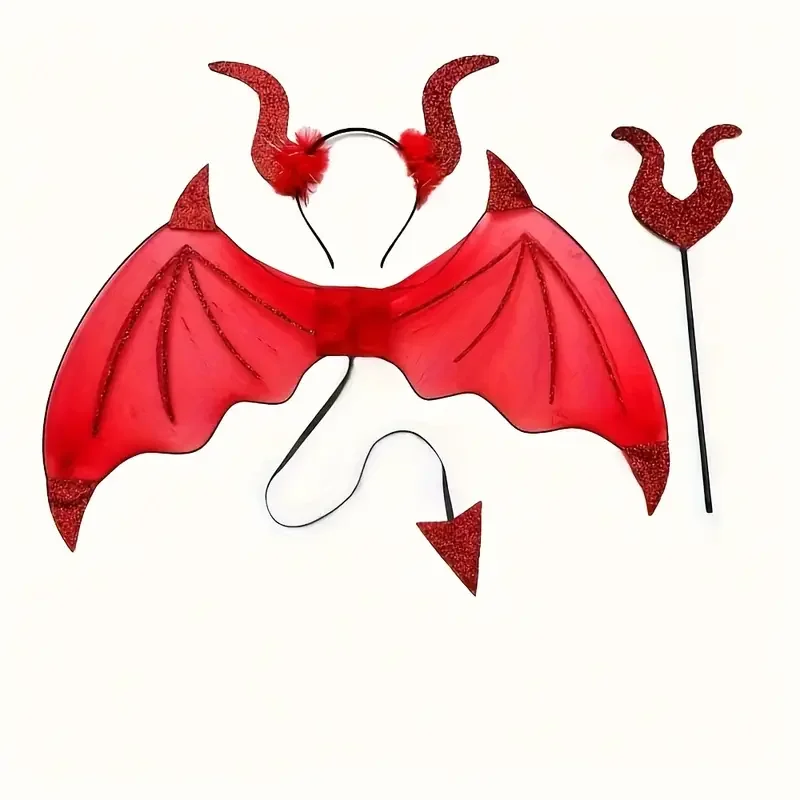 Dreiteiliges Zauberstab-Set mit Fledermausflügeln, Teufels-Stirnband, Halloween-Partykostüme, Rollenspiele und Partysets. – Detail 4