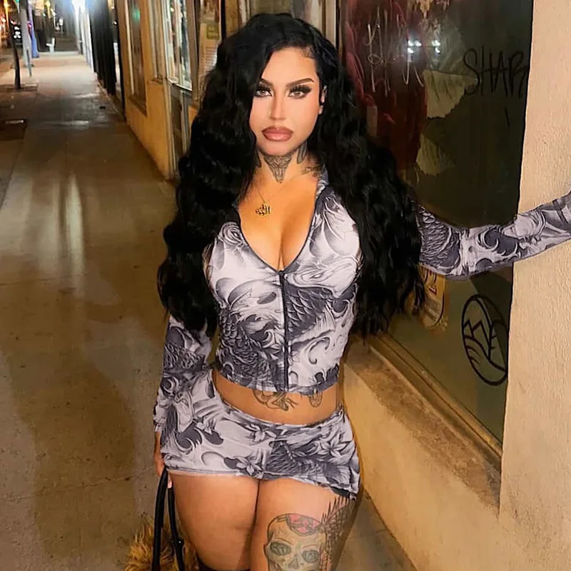 STYLISH LADY Stampato Harajuku Set da 2 pezzi Donna Manica lunga Cerniera Crop Top e pantaloncini Abiti 2025 Estate Sexy Club Street Outfit