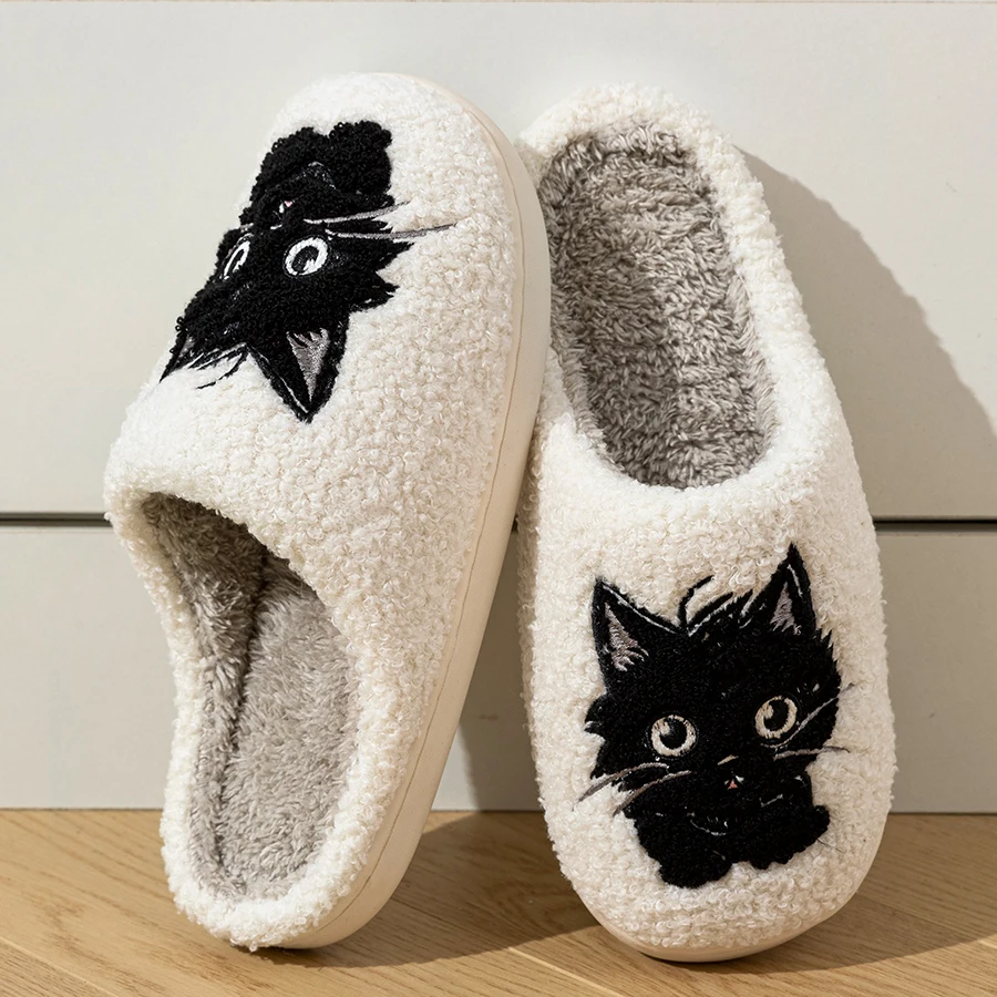 Winter Women\'s Slippers Indoor Cartoon Black Cat Cute Girls Slipper Bedroom Anti-slip Soft Sole Comfortable Cotton Homeshoes