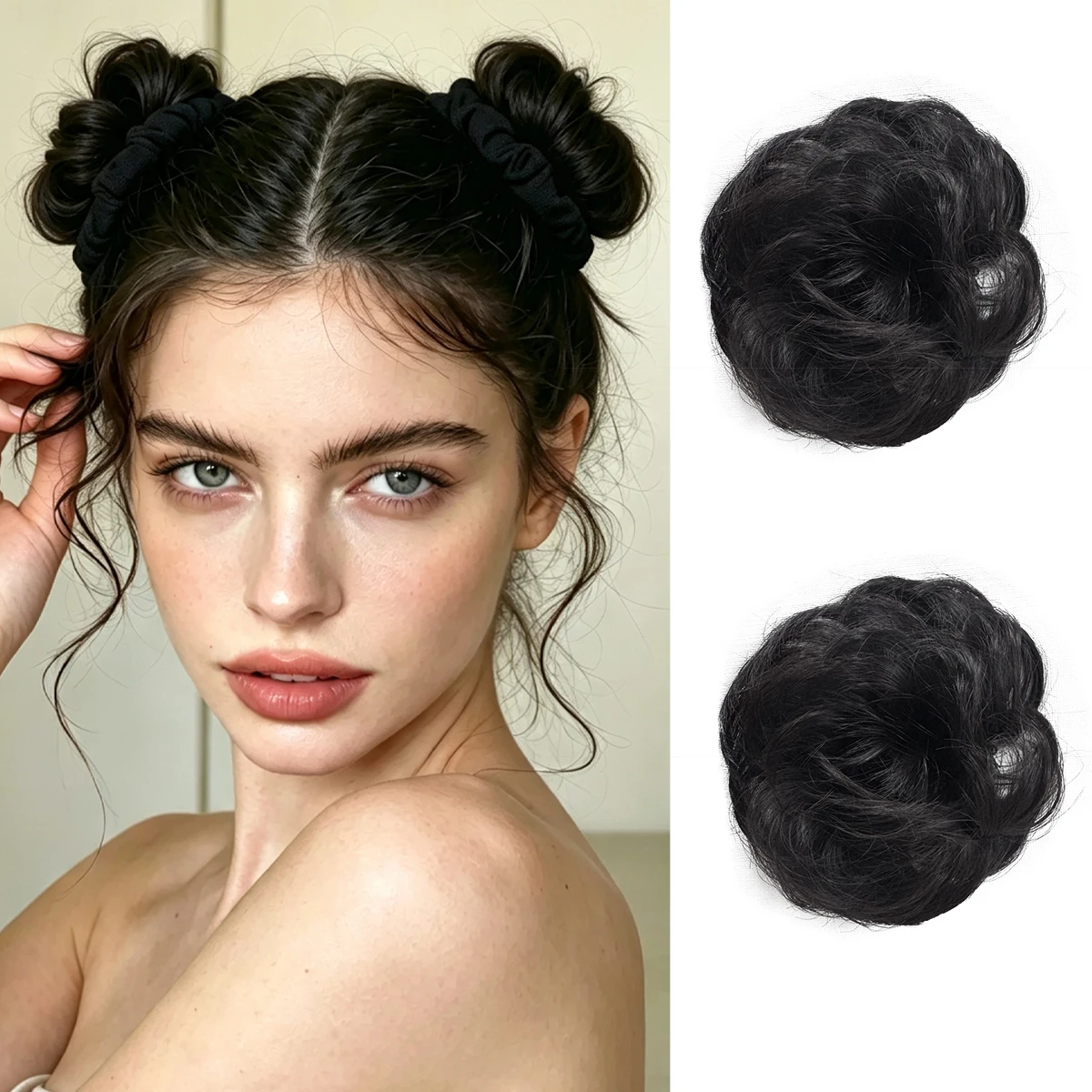 2 PCS Messy Bun  Synthetic Curly Mini Space Buns Hair Scrunchies Fluffy Elastic Chignon Hair Bun Extensions for Women Daily