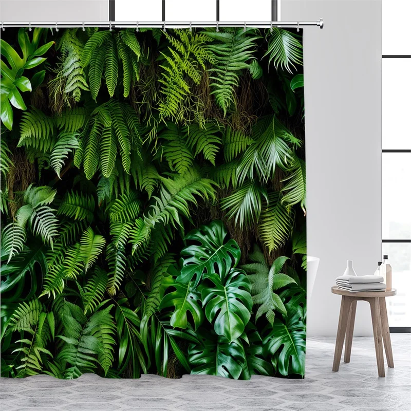 Green Leaves Shower Curtains Tropical Leaf Garden Vine Plant Wall Hanging Fabric Home Bathroom Decor Bath Curtain Set with Hooks