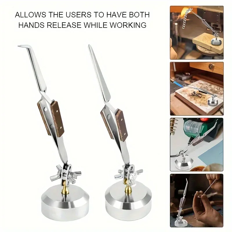 Professional Jewelers Soldering Tweezers Cross Locking 360° Rotation Stainless Steel Welding Tweezers with Weighted Base Holder