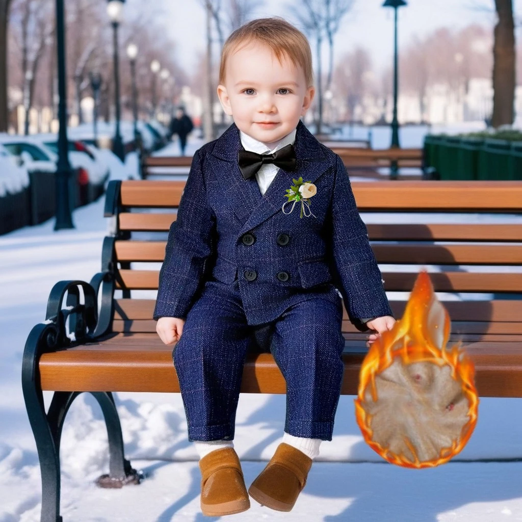 Boys Plaid Double Breasted Fleece Suit Winter Outfit Shirt Trousers Brooch  Bow Kids Wedding Ring Bearer Piano Costume 1-12Years