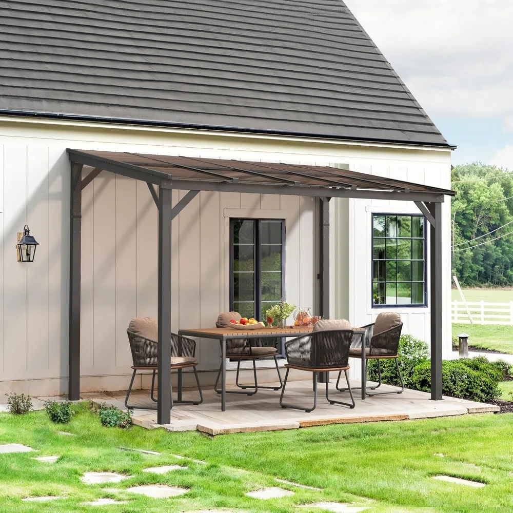 

8' X 10' Hardtop Gazebo, Lean To Pergola Gazebos with Metal Frame, Patio Pavilion with Roof