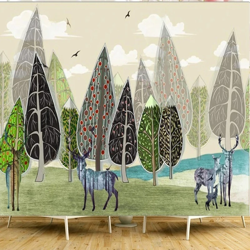 Nordic Style Abstract Hand-painted Forest Elk Landscape Custom Wallpaper Living Room Bedroom Children's Room Wall Decor Mural