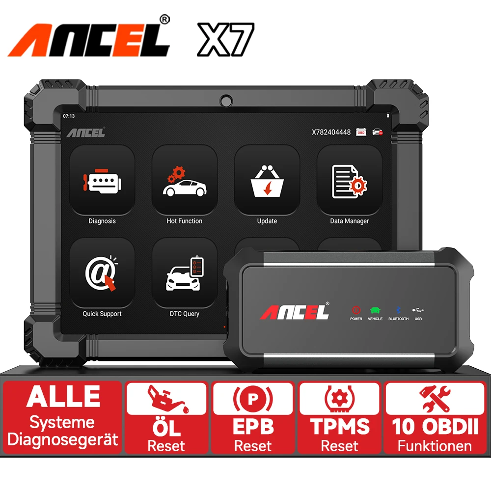 

Диагностический сканер ANCEL X7 OBD2, автомобильный диагностический прибор, совместимый с Bluetooth, все системы, DPF BMS ABS OIL EPB SAS