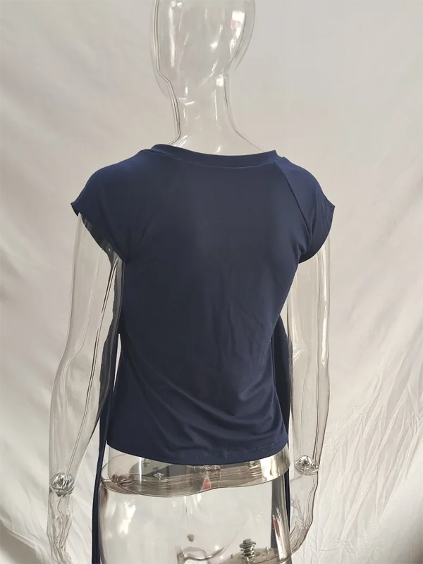 2026 Sommer Neues Damen Kurzarm-T-Shirt mit V-Ausschnitt, Slim Fit Crop Top mit Rückenbanddetail, Y2K Lässige Streetwear Vintage Mode-Oberteil – Detail 9
