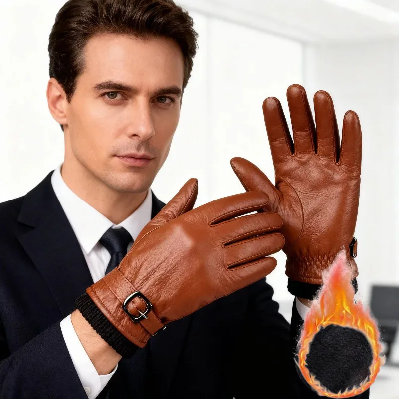 1-4Pairs Men Warm Fleece Lined Leather Gloves Water Resistant Windproof Touchscreen for Skiing Riding Cold Weather Gift