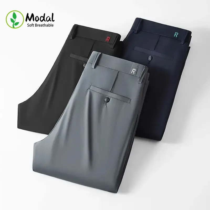 

Летние эластичные деловые брюки из модала, мужские тонкие однотонные прямые повседневные деловые офисные брюки, мужские дышащие брюки