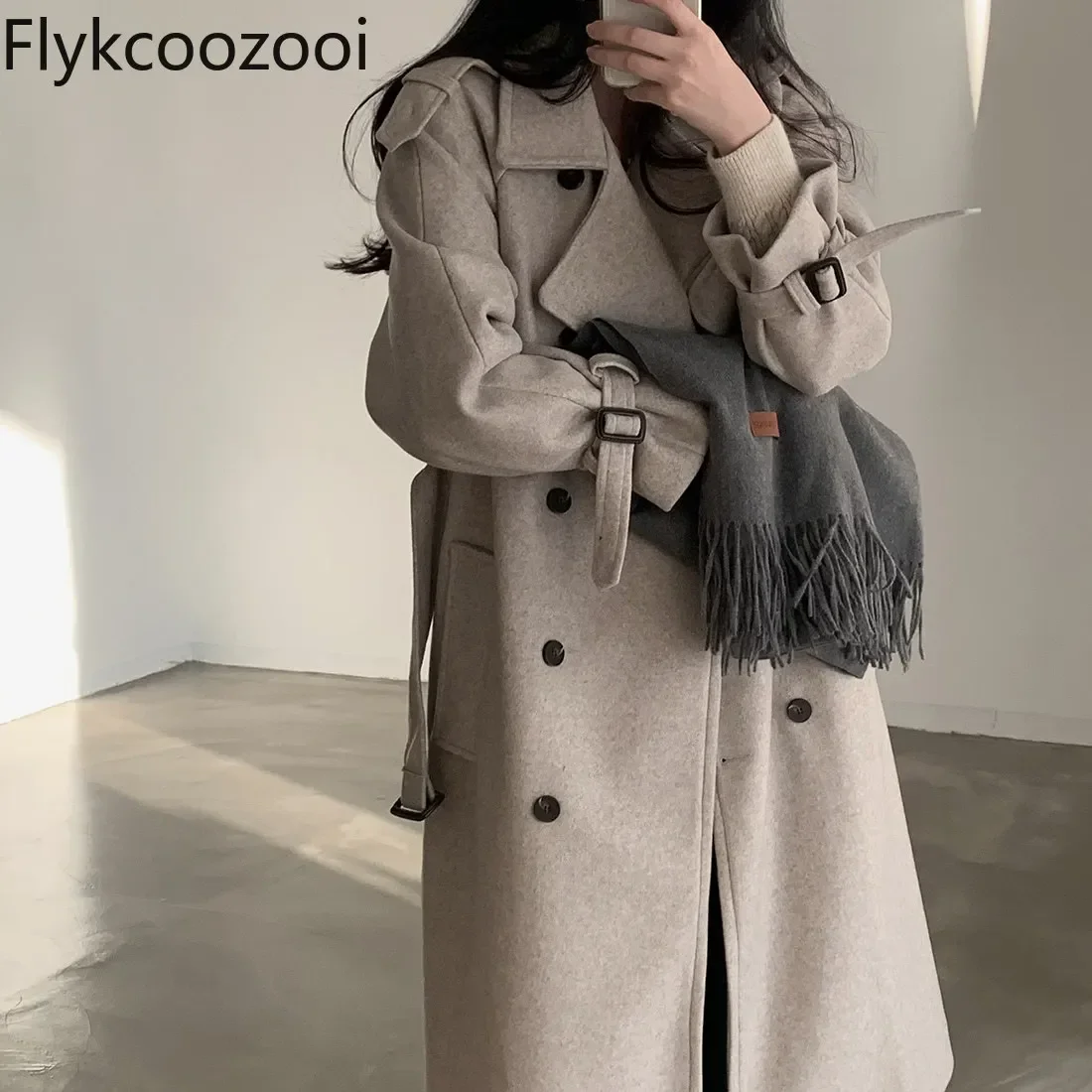 Autumn Casaco Feminino De Inverno Super Quente Fashion Popular Double Breasted Lace-up Thickened Mid-length Woolen Coat