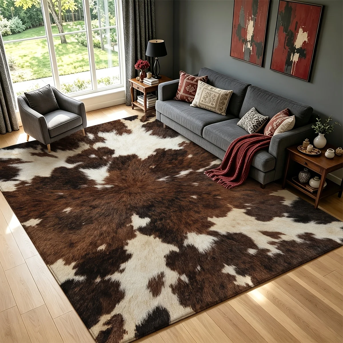 1pc 2D Printed Abstract Farmhouse Area Rug, Soft & Washable, Non-shedding, Brown & White, for Living Room, Bedroom