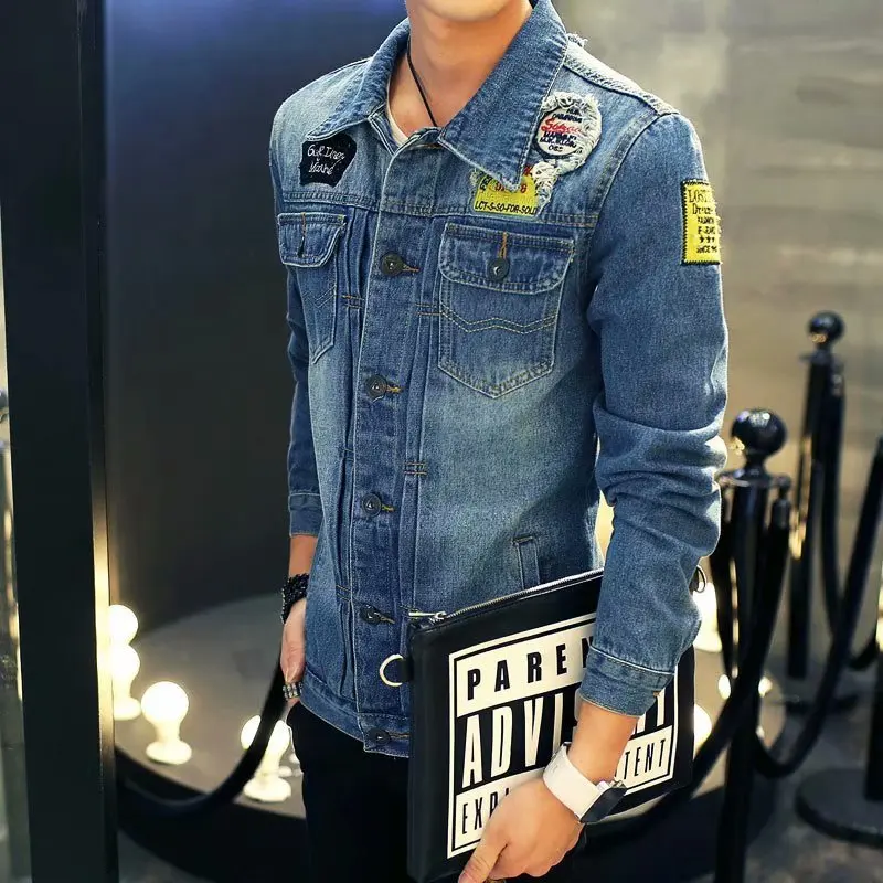 Men's Vintage Patchwork Denim Jacket Casual Long Sleeve Button Down Jean Coat with Embroidered Patches