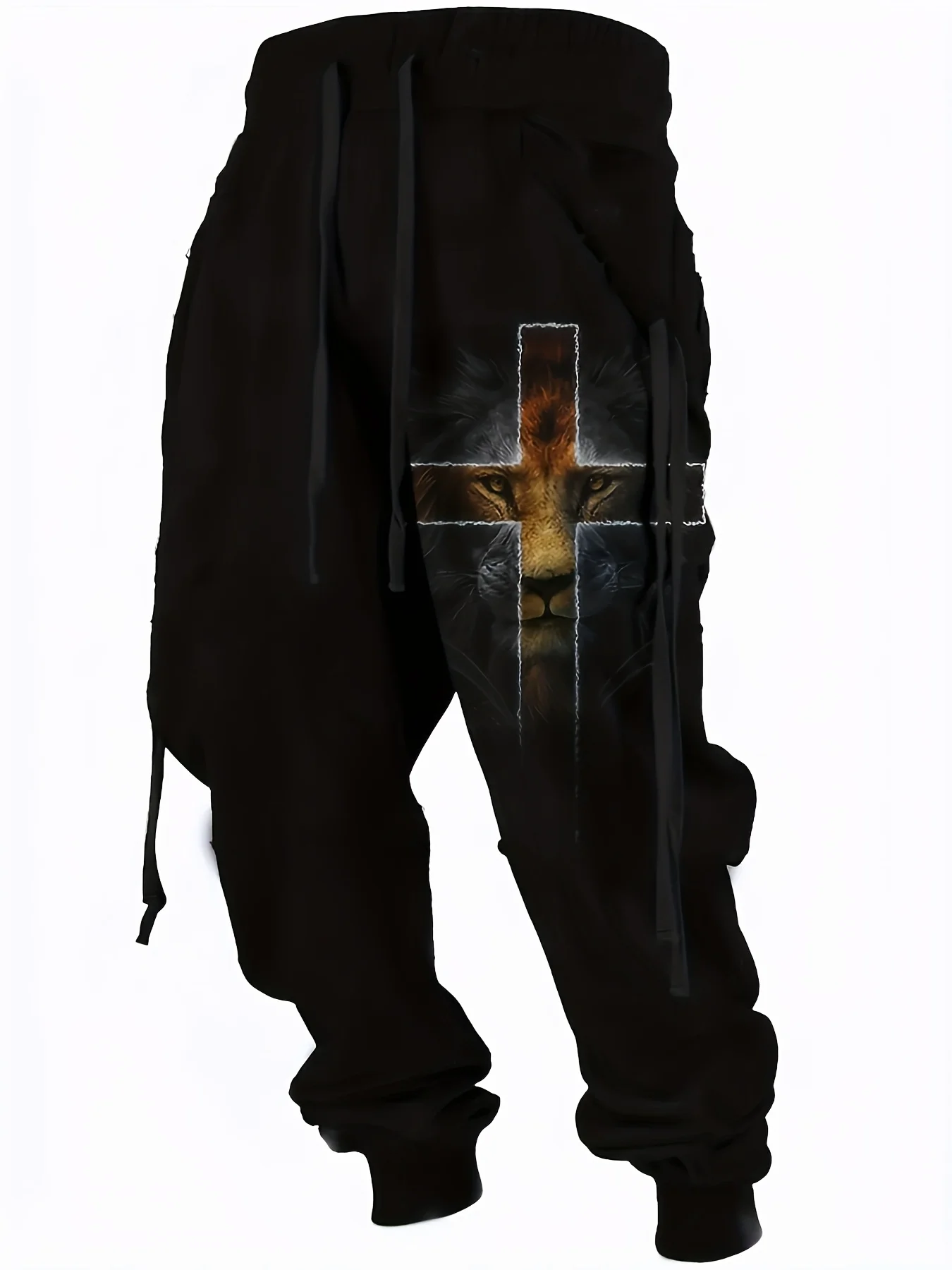 Men's Cross-Print Casual Pants, featuring a drawstring waist; crafted from lightweight polyester fabric.