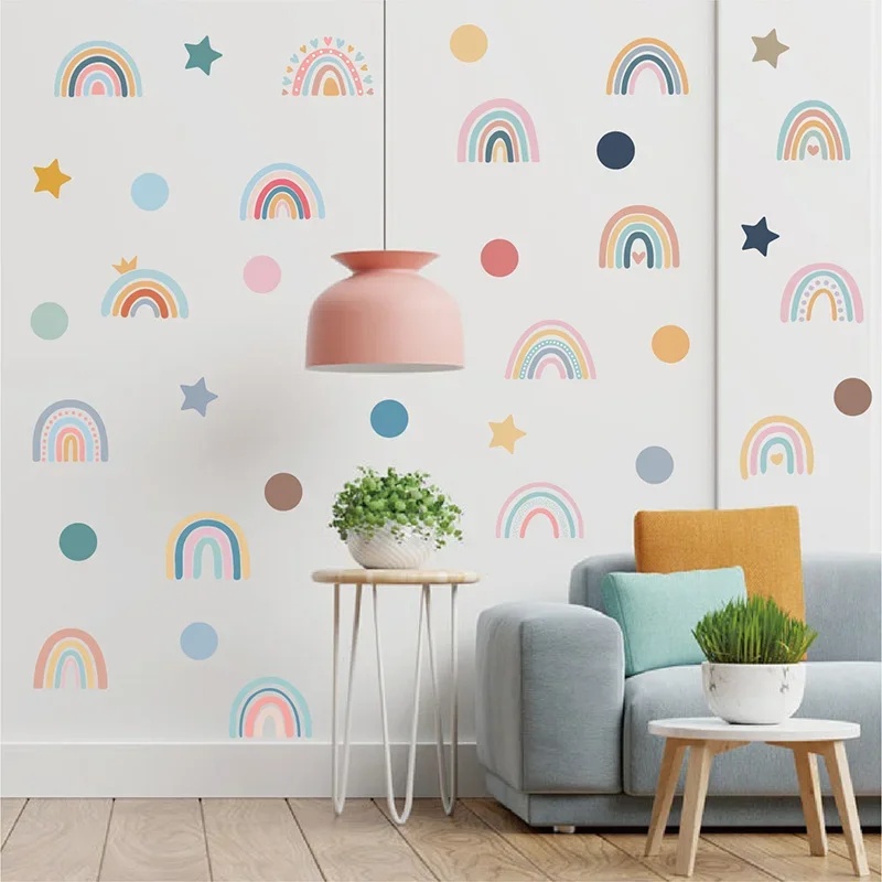 Rainbow Dots Star Wallpaper Sticker Set for Kids Room, Bedroom Decoration