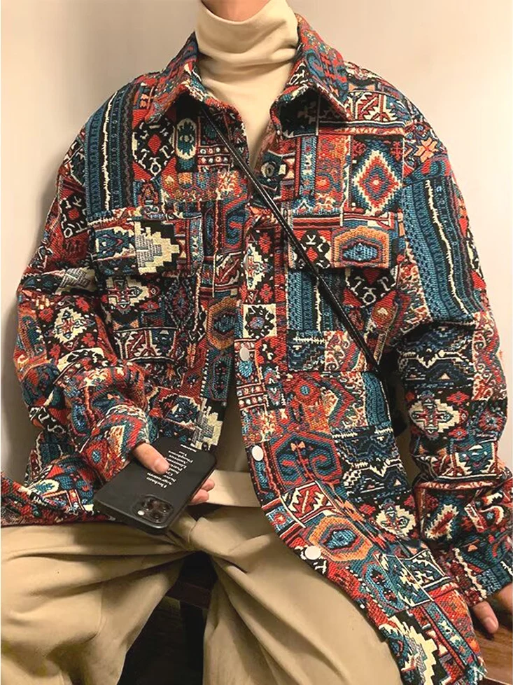 

Мужская рубашка с длинным рукавом в американском винтажном стиле с этническим принтом, цветная тканая рубашка в рабочем стиле, свободный крой, молодежный тренд, весенняя одежда