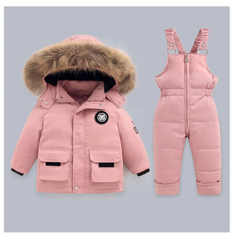 Winter Warm Down Jackets Boys Thicken Jumpsuit Parka Overalls Baby Toddler Girl Clothes Kids Snowsuit Children Clothing Set 2pcs