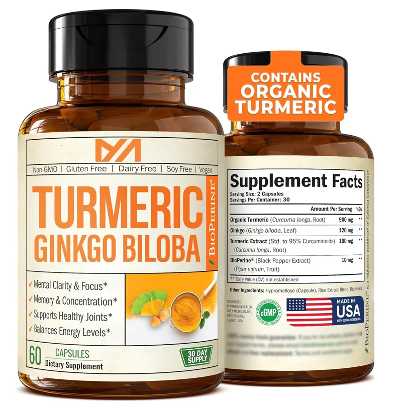 

Turmeric, Curcumin, and Ginkgo Leaf Supplements with Piperine Black Pepper - Vegetarian -60 capsules