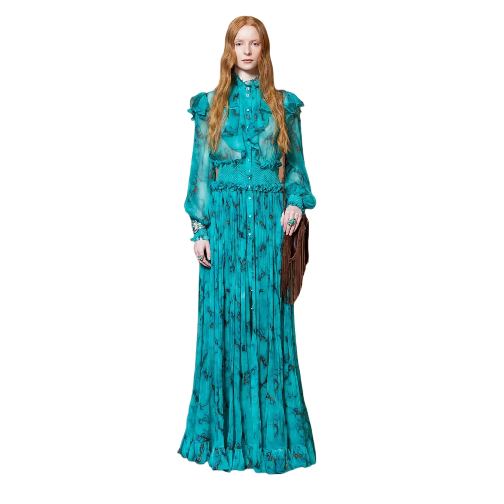 

HIGH QUALITY Designer Autumn Women Printed Chiffon Elegant Maxi Dress Long Sleeve Lantern Sleeve Ruffle Vintage Pleated Dresses