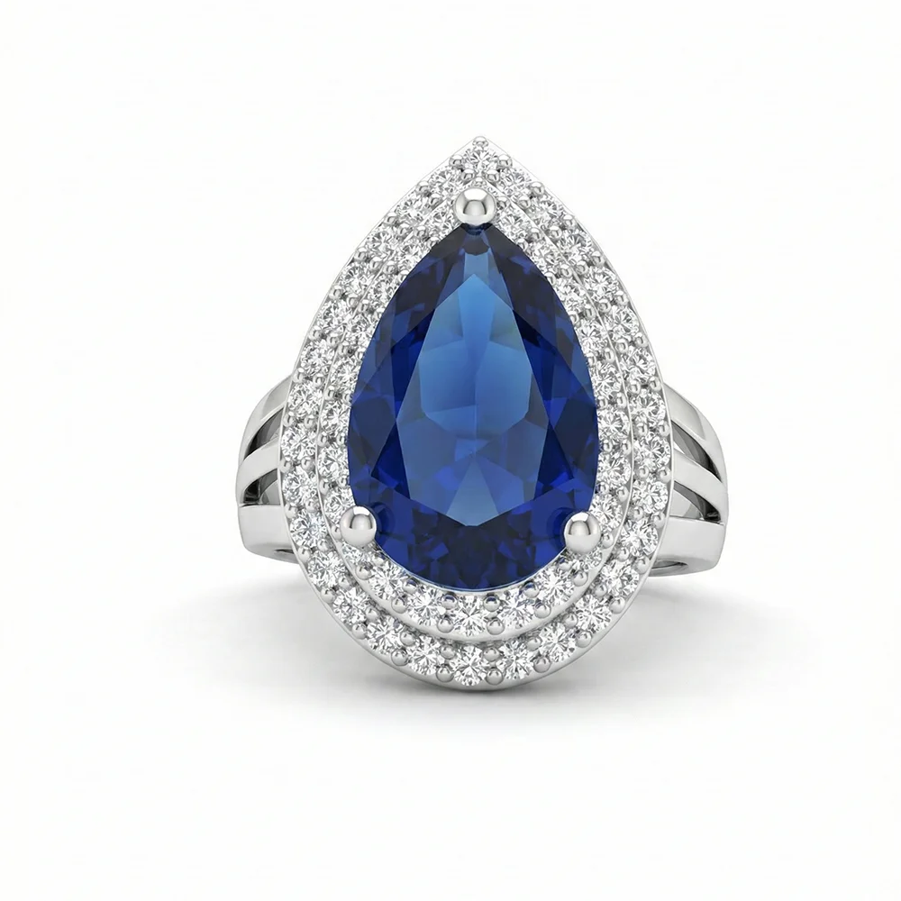 

YLMyself Blue Water Drop Ring Big Teardrop Blue Cubic Zirconia Silver Color Copper Party Anniversary Jewelry For Women