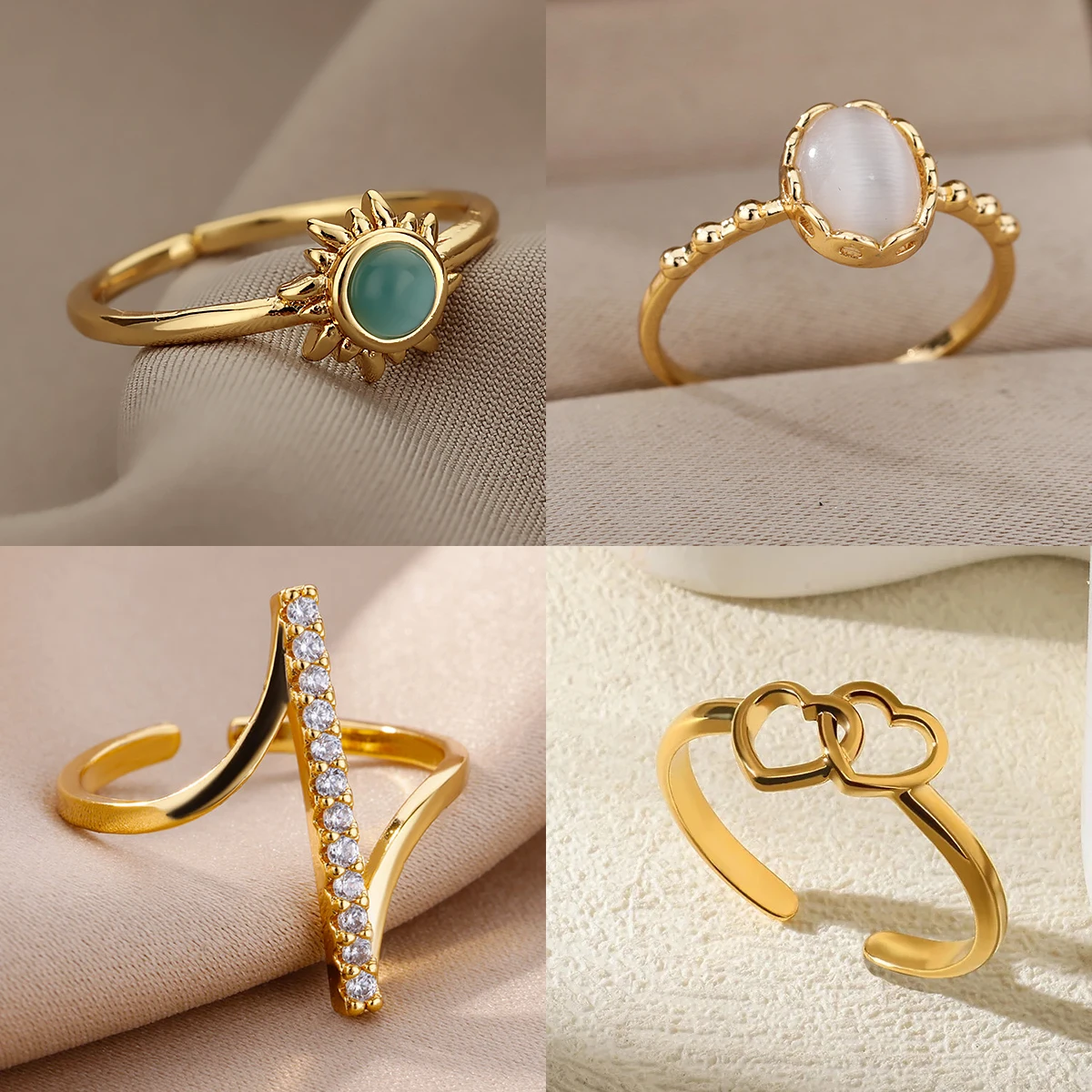 Kostenloser Versand Zirkon-Sonnen-Herz-Ringe für Frauen, Edelstahl, goldfarben, geometrischer Ring, Hochzeit, wasserdicht, Modeschmuck