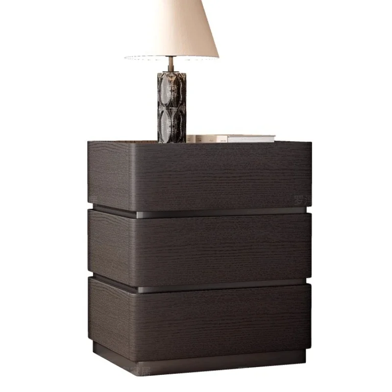 

Bedside table, Italian smoked wood, modern simplicity, light luxury, high-end bedroom storage, three-bucket