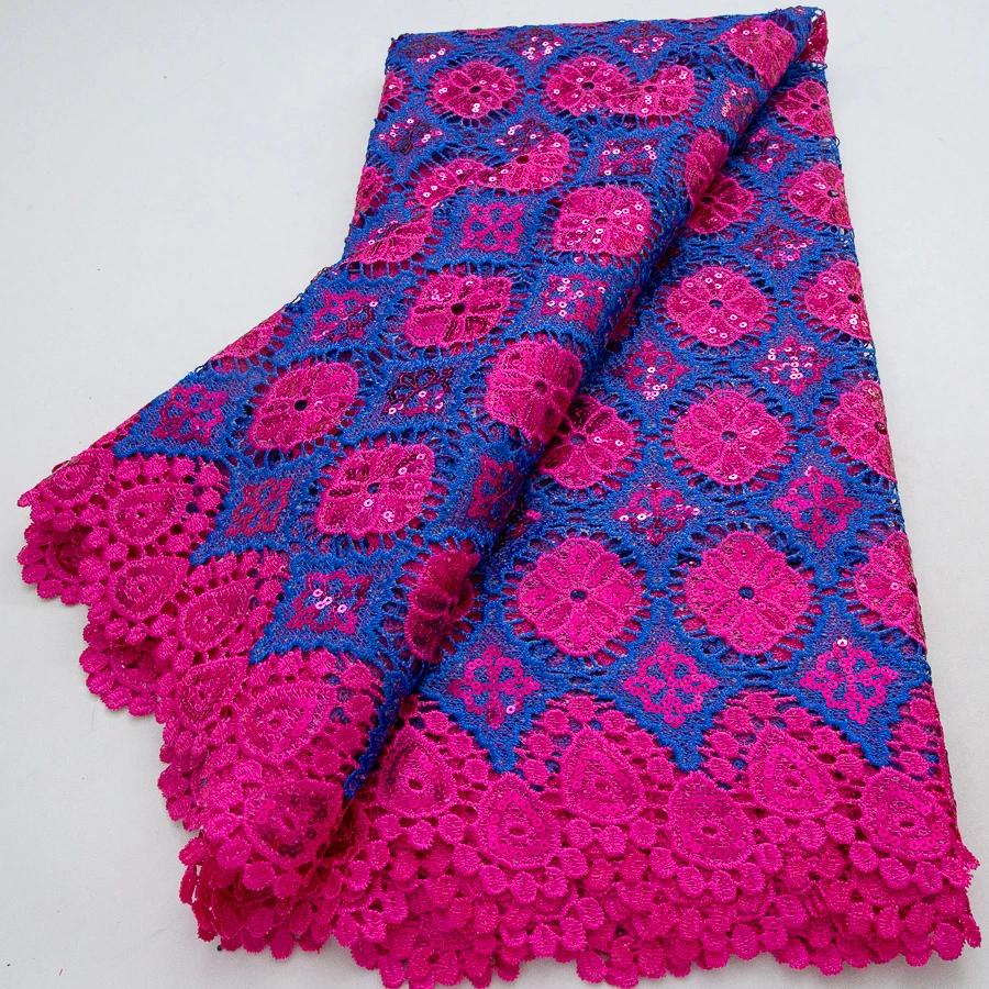 

Африканское гипюровое кружево, синее и фуксиевое кружево с вышивкой и пайетками, нигерийская свадебная кружевная ткань для праздничных платьев.