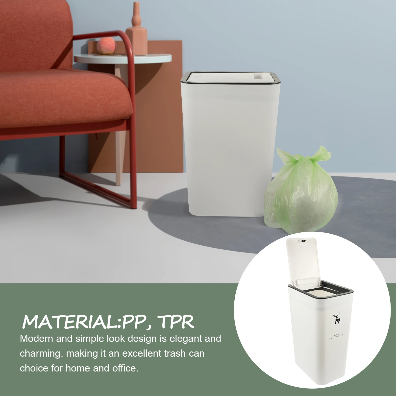 

1pc Push Trash Can 10L White Deer 22x15.5x33cm Kitchen Bathroom Slim Bucket Lid Odor Proof Reusable Home Office Waste Storage